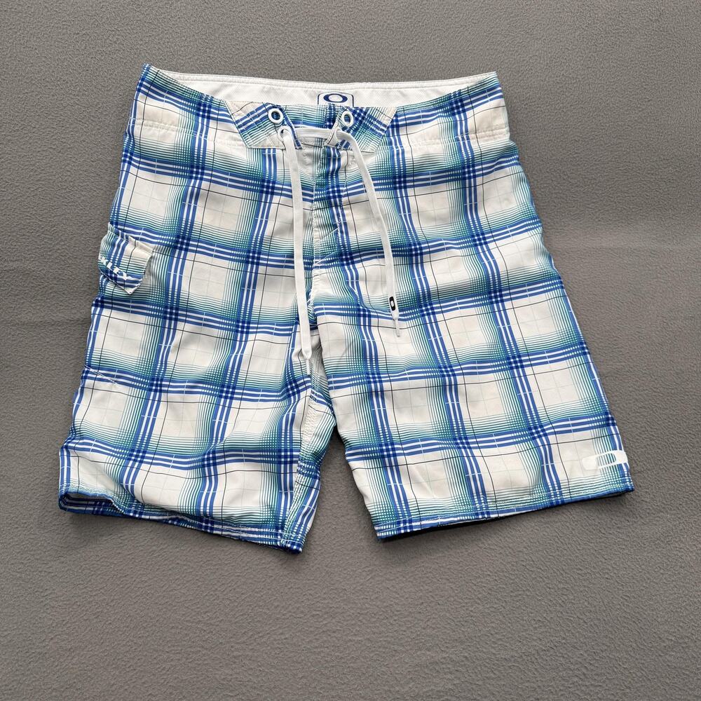 Oakley Board Shorts Mens 34 Blue Plaid Swim Trunks Mesh Lined Drawstring Pockets